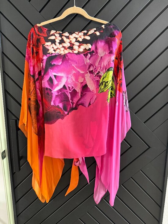 Roberto Cavalli Other - Robert Cavalli Silk Floral Print Kaftan Poncho Top Tie Front Pink Orange OS